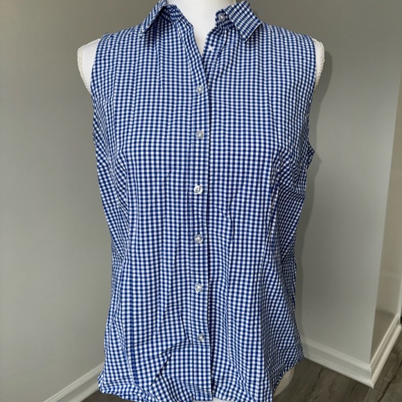 Izod Tops - IZOD Women’s Blue White Gingham Sleeveless Button Down Shirt Size L‎ Farm Core